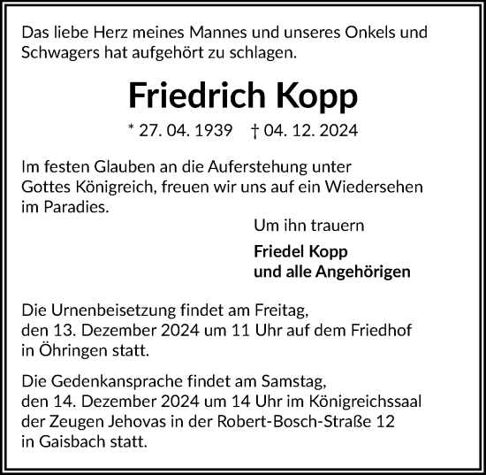 Traueranzeige von Friedrich Kopp von GESAMT