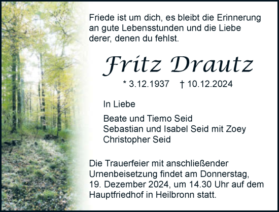 Traueranzeige von Fritz Drautz von GESAMT