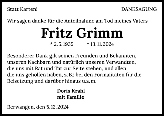 Traueranzeige von Friedrich Alfred Grimm von GESAMT