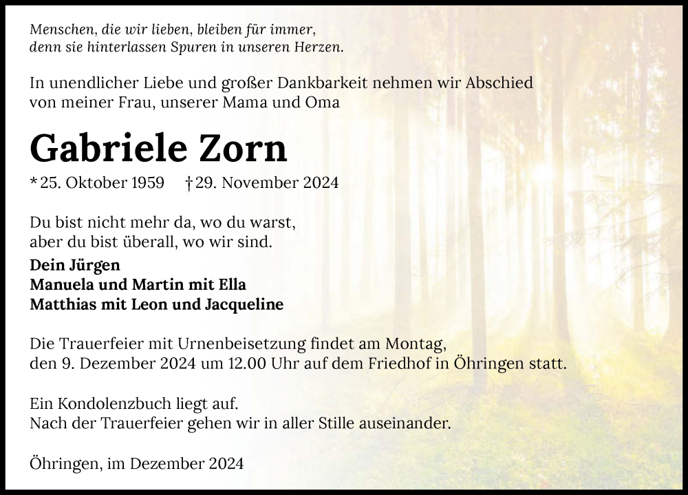  Traueranzeige für Gabriele Zorn vom 03.12.2024 aus GESAMT