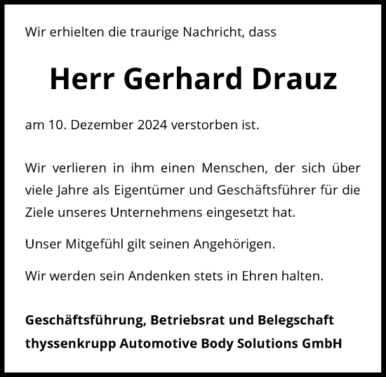 Traueranzeige von Gerhard Drauz von GESAMT