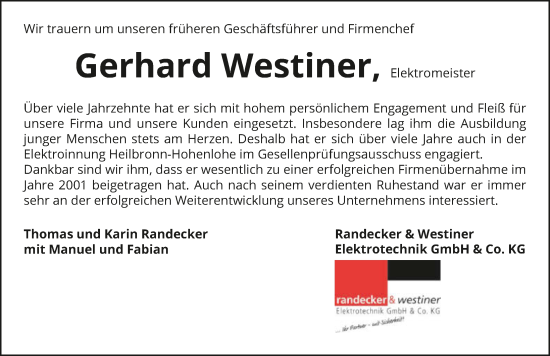 Traueranzeige von Gerhard Westiner von GESAMT