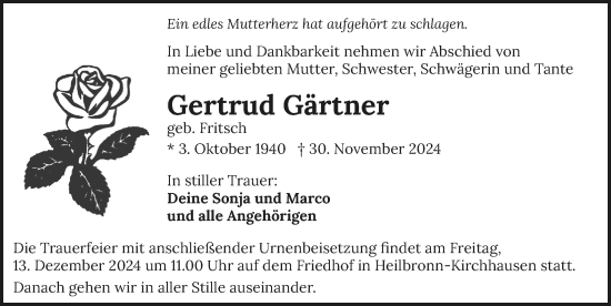 Traueranzeige von Gertrud Gärtner von GESAMT