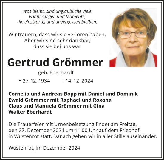 Traueranzeige von Gertrud Grömmer von GESAMT