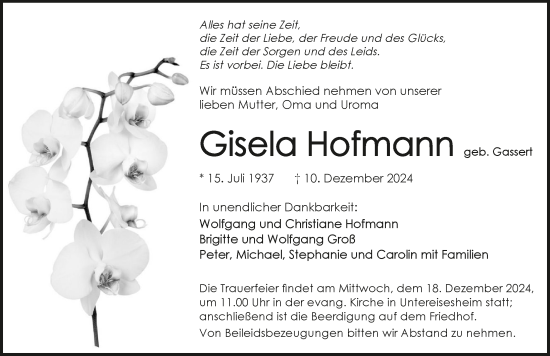 Traueranzeige von Gisela Hofmann von GESAMT