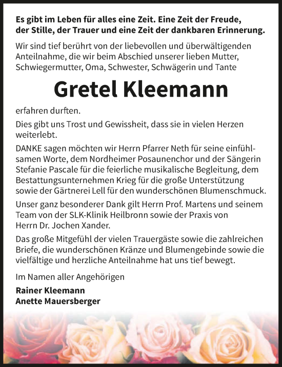 Traueranzeige von Gretel Kleemann von GESAMT