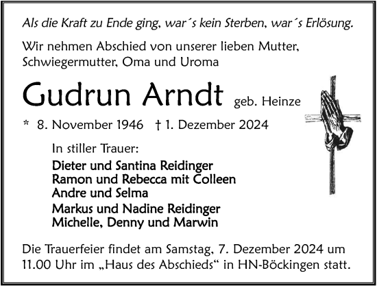 Traueranzeige von Gudrun Arndt von GESAMT