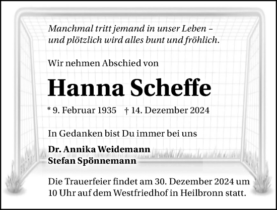 Traueranzeige von Hanna Scheffe von GESAMT