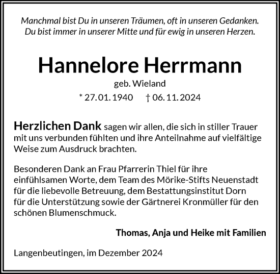 Traueranzeige von Hannelore Herrmann von GESAMT