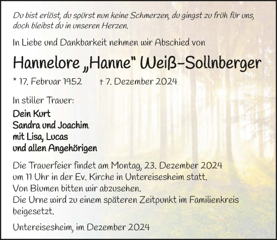 Traueranzeige von Hannelore Weiß-Sollnberger von GESAMT