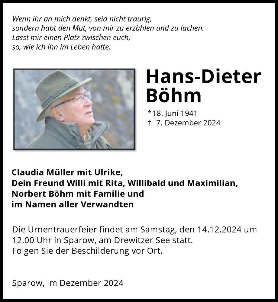  Traueranzeige für Hans-Dieter Böhm vom 10.12.2024 aus GESAMT