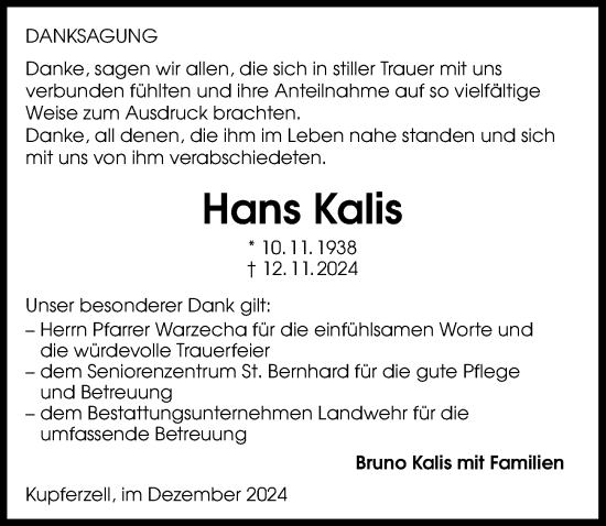 Traueranzeige von Hans Kalis von GESAMT