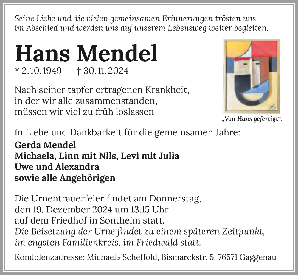  Traueranzeige für Hans Mendel vom 07.12.2024 aus GESAMT