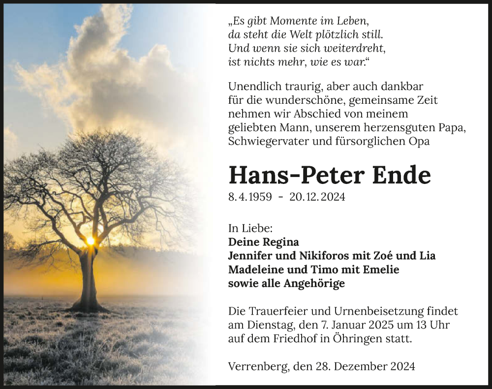  Traueranzeige für Hans-Peter Ende vom 28.12.2024 aus GESAMT