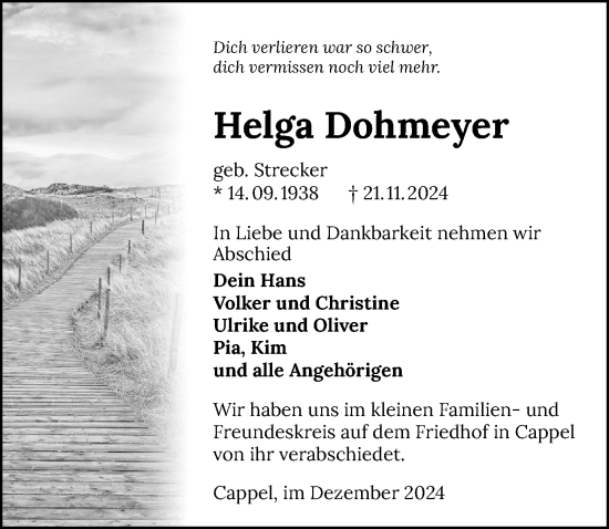 Traueranzeige von Helga Dohmeyer von GESAMT