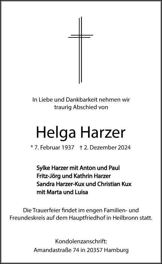 Traueranzeige von Helga Harzer von GESAMT