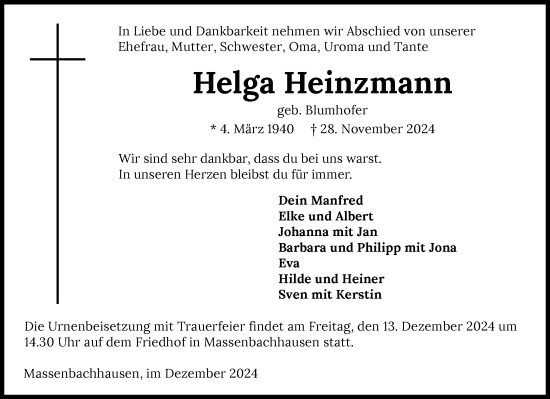 Traueranzeige von Helga Heinzmann von GESAMT