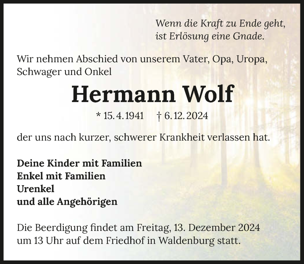  Traueranzeige für Hermann Wolf vom 11.12.2024 aus GESAMT