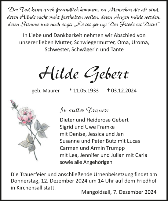 Traueranzeige von Hilde Gebert von GESAMT