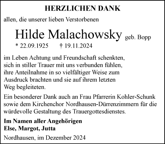 Traueranzeige von Hilde Malachowsky von GESAMT