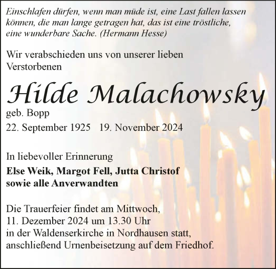 Traueranzeige von Hilde Malachowsky von GESAMT