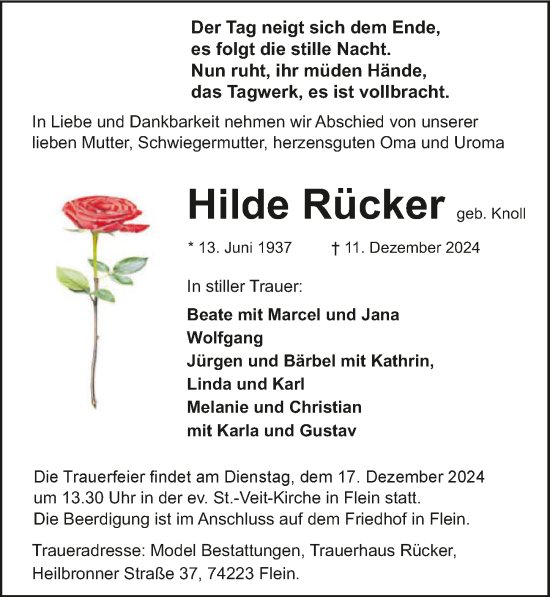 Traueranzeige von Hilde Rücker von GESAMT