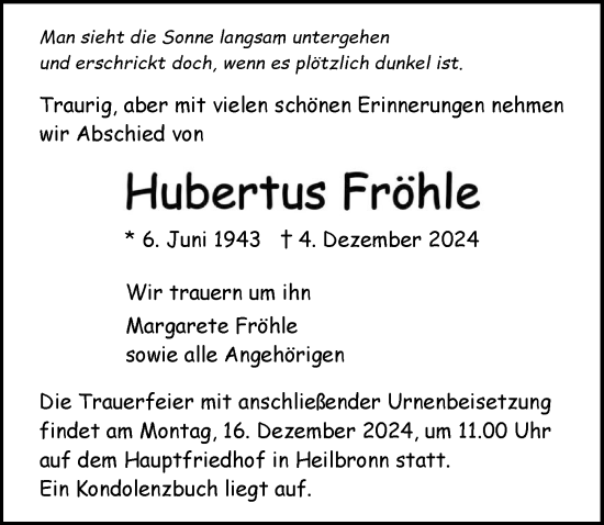 Traueranzeige von Hubertus Fröhle von GESAMT