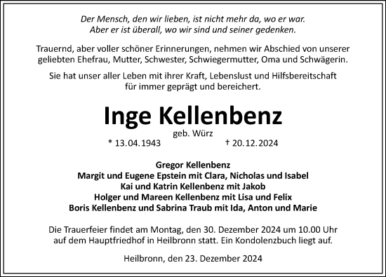 Traueranzeige von Inge Kellenbenz von GESAMT