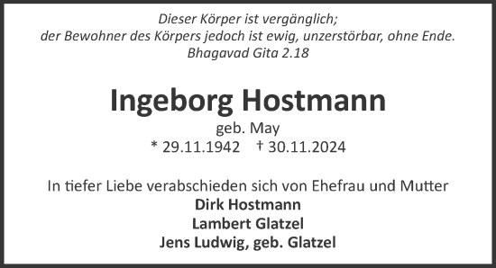 Traueranzeige von Ingeborg Hostmann von GESAMT