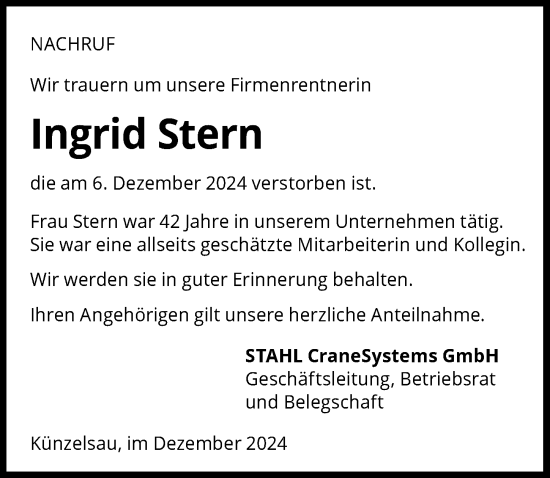 Traueranzeige von Ingrid Stern von GESAMT