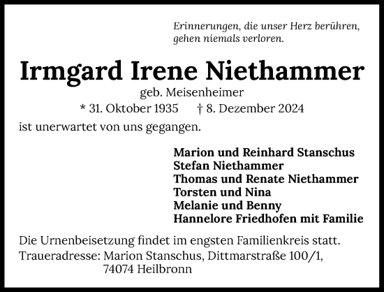 Traueranzeige von Irmgard  Niethammer von GESAMT