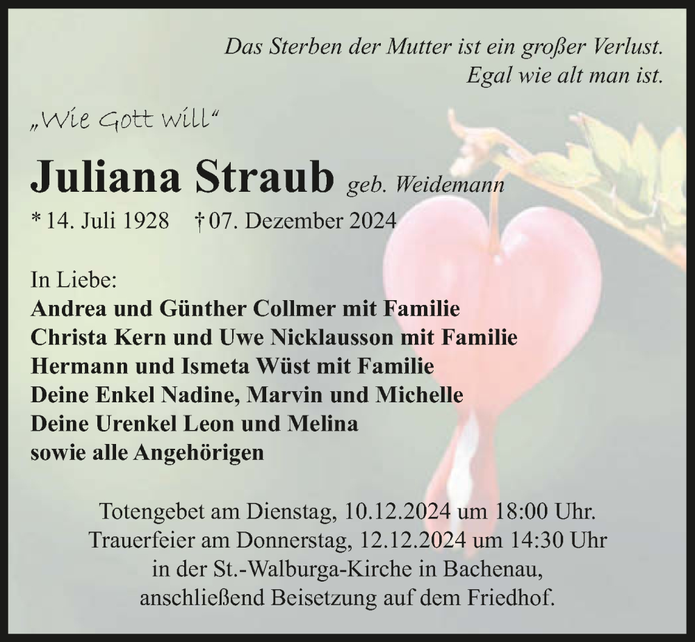  Traueranzeige für Juliana Straub vom 10.12.2024 aus GESAMT