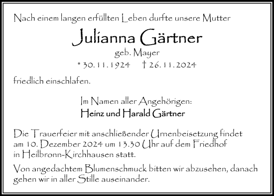 Traueranzeige von Julianna Gärtner von GESAMT