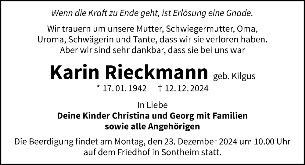  Traueranzeige für Karin Rieckmann vom 18.12.2024 aus GESAMT