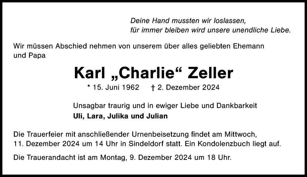  Traueranzeige für Karl Zeller vom 07.12.2024 aus GESAMT