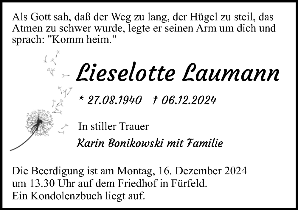  Traueranzeige für Lieselotte Laumann vom 14.12.2024 aus GESAMT