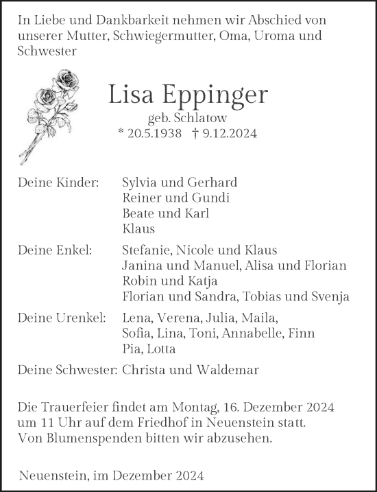 Traueranzeige von Lisa Eppinger von GESAMT