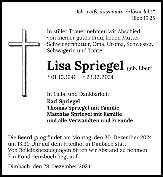 Traueranzeige von Lisa Spriegel von GESAMT