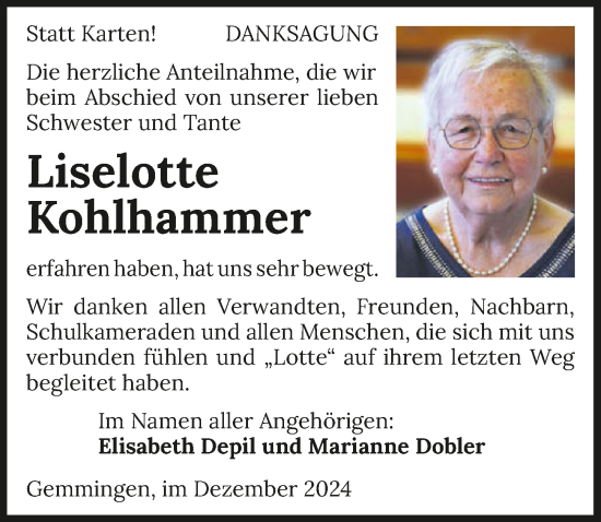 Traueranzeige von Liselotte Kohlhammer von GESAMT