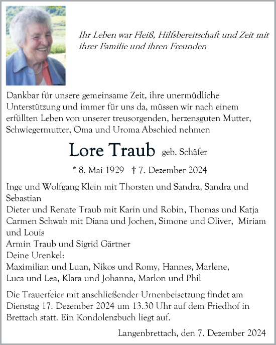 Traueranzeige von Lore Traub von GESAMT