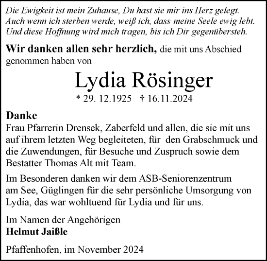 Traueranzeige von Lydia Rösinger von GESAMT