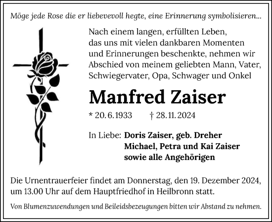 Traueranzeige von Manfred Zaiser von GESAMT