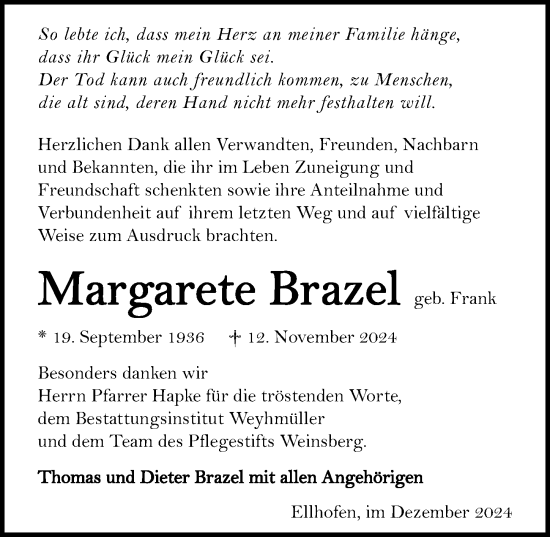 Traueranzeige von Margarete Brazel von GESAMT