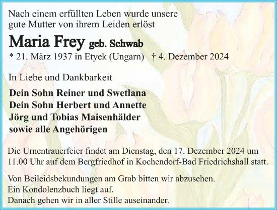 Traueranzeige von Maria Frey von GESAMT