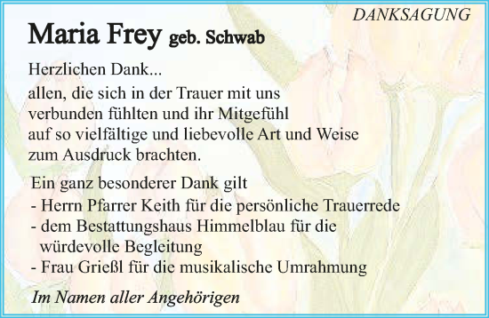 Traueranzeige von Maria Frey von GESAMT