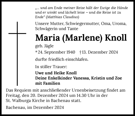 Traueranzeige von Maria Knoll von GESAMT