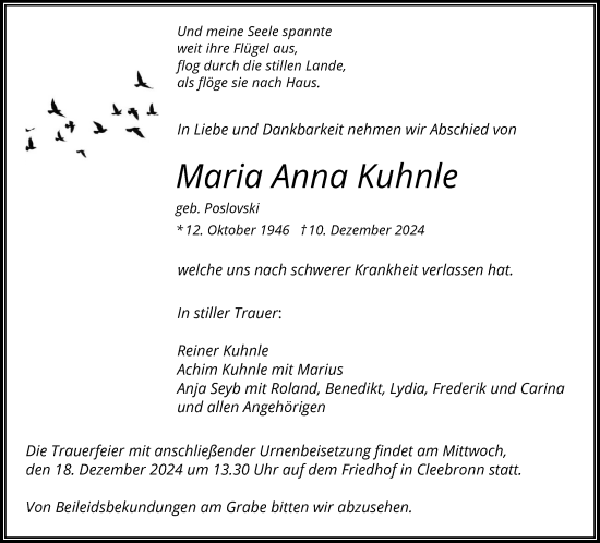 Traueranzeige von Maria Anna Kuhnle von GESAMT