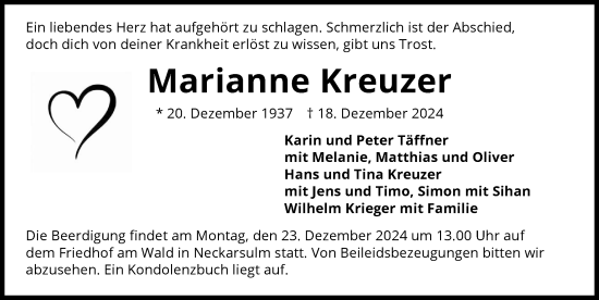 Traueranzeige von Marianne Kreuzer von GESAMT