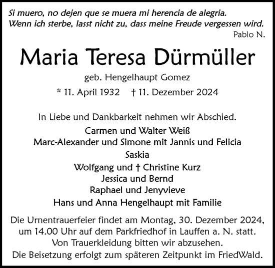 Traueranzeige von Maria Teresa Dürmüller von GESAMT