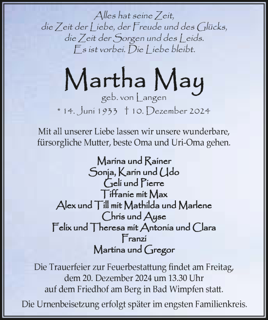 Traueranzeige von Martha May von GESAMT